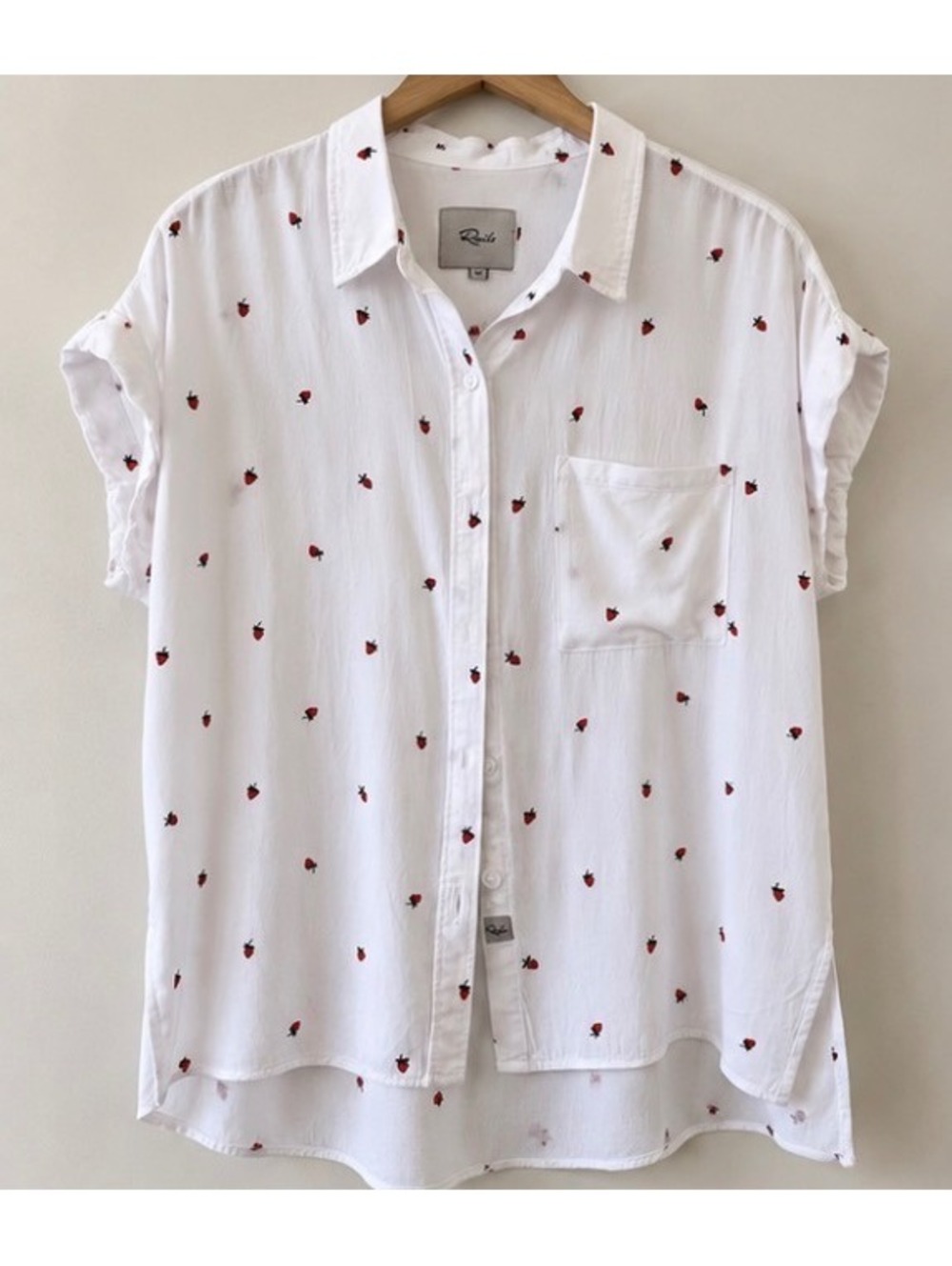 Rails Strawberry Print Short Sleeve Button Down Shirt White Red Size M